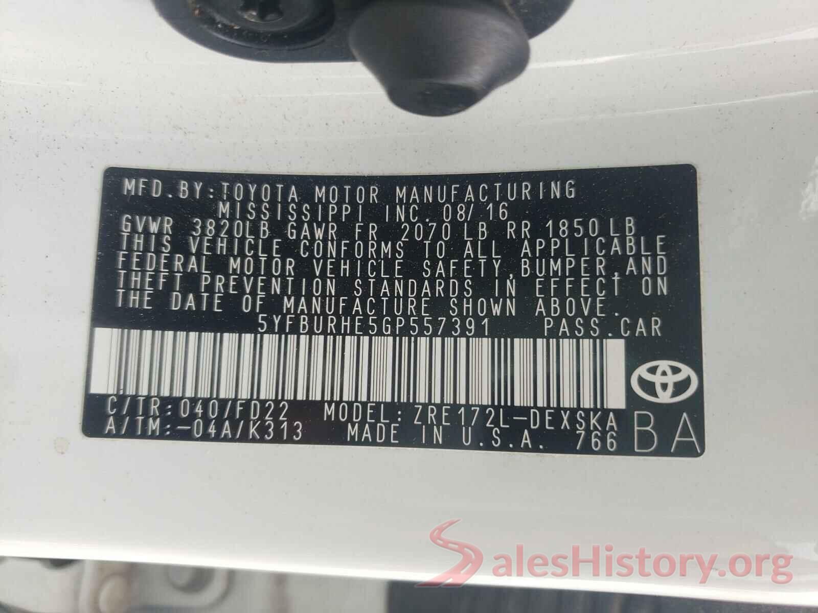 5YFBURHE5GP557391 2016 TOYOTA COROLLA