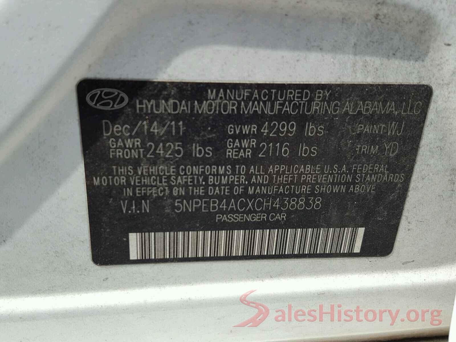 5NPEB4ACXCH438838 2012 HYUNDAI SONATA