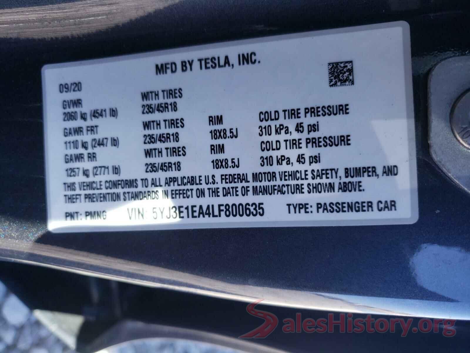 5YJ3E1EA4LF800635 2020 TESLA MODEL 3