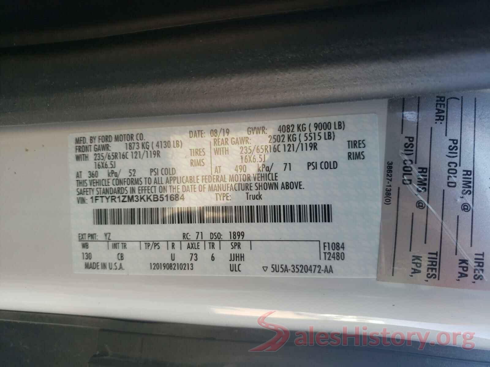 1FTYR1ZM3KKB51684 2019 FORD TRANSIT CO