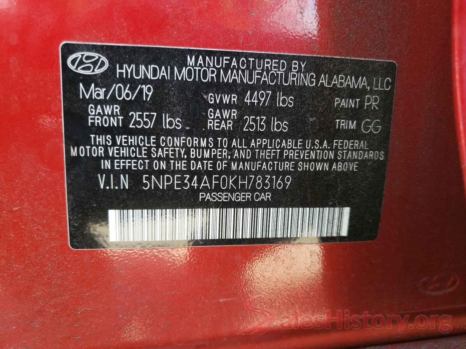 5NPE34AF0KH783169 2019 HYUNDAI SONATA