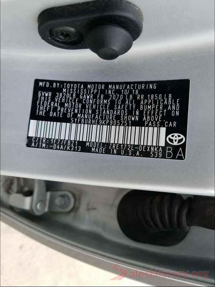 5YFBURHE9KP905251 2019 TOYOTA COROLLA