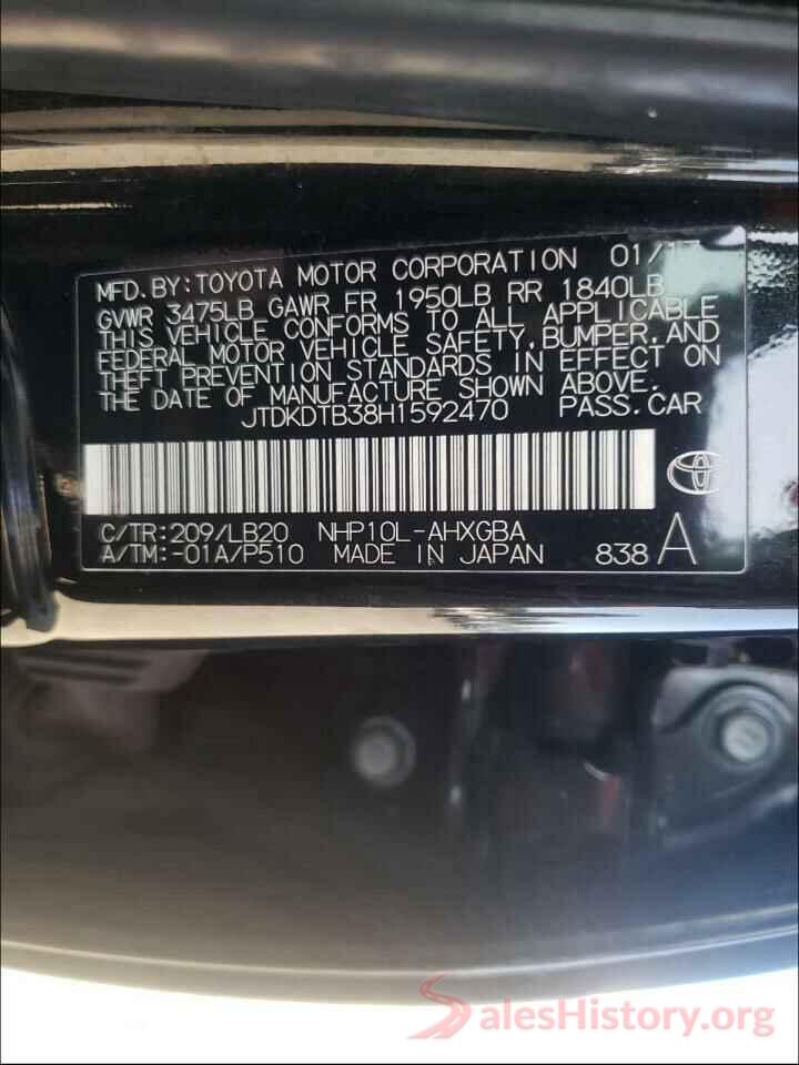 JTDKDTB38H1592470 2017 TOYOTA PRIUS