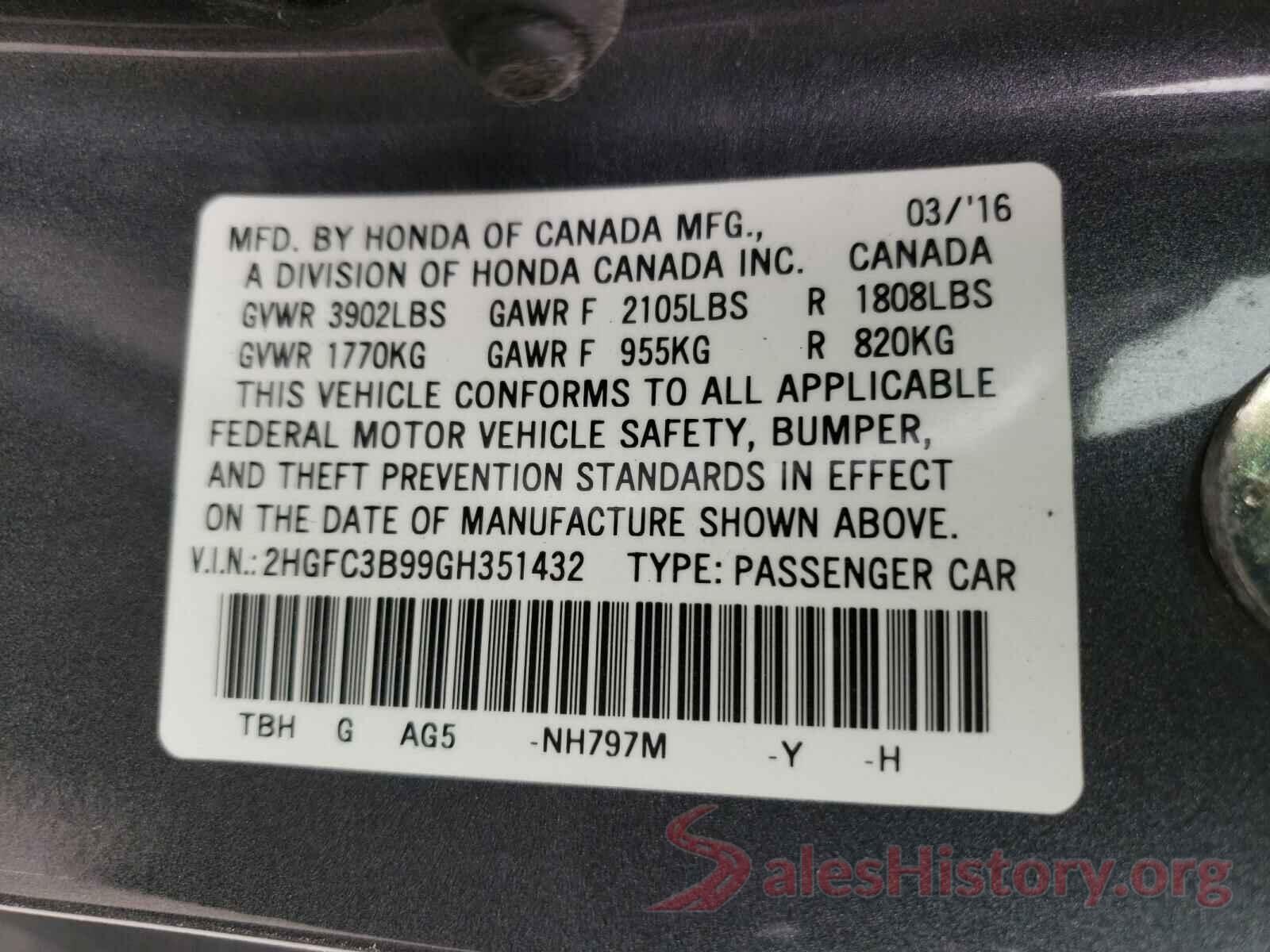 2HGFC3B99GH351432 2016 HONDA CIVIC