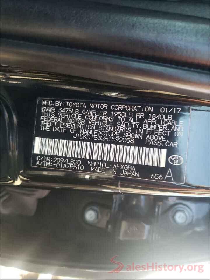 JTDKDTB32H1592058 2017 TOYOTA PRIUS