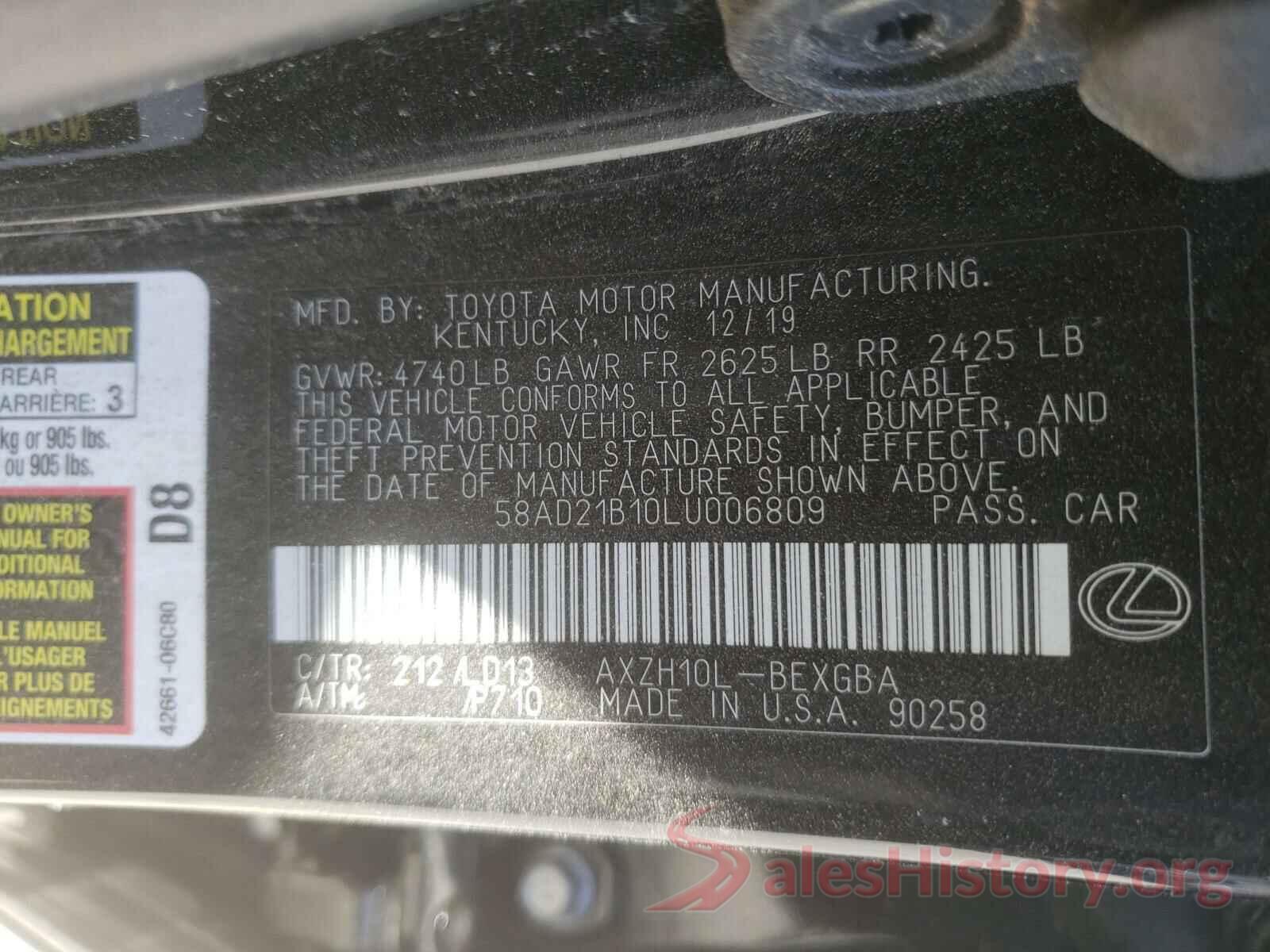 58AD21B10LU006809 2020 LEXUS ES300