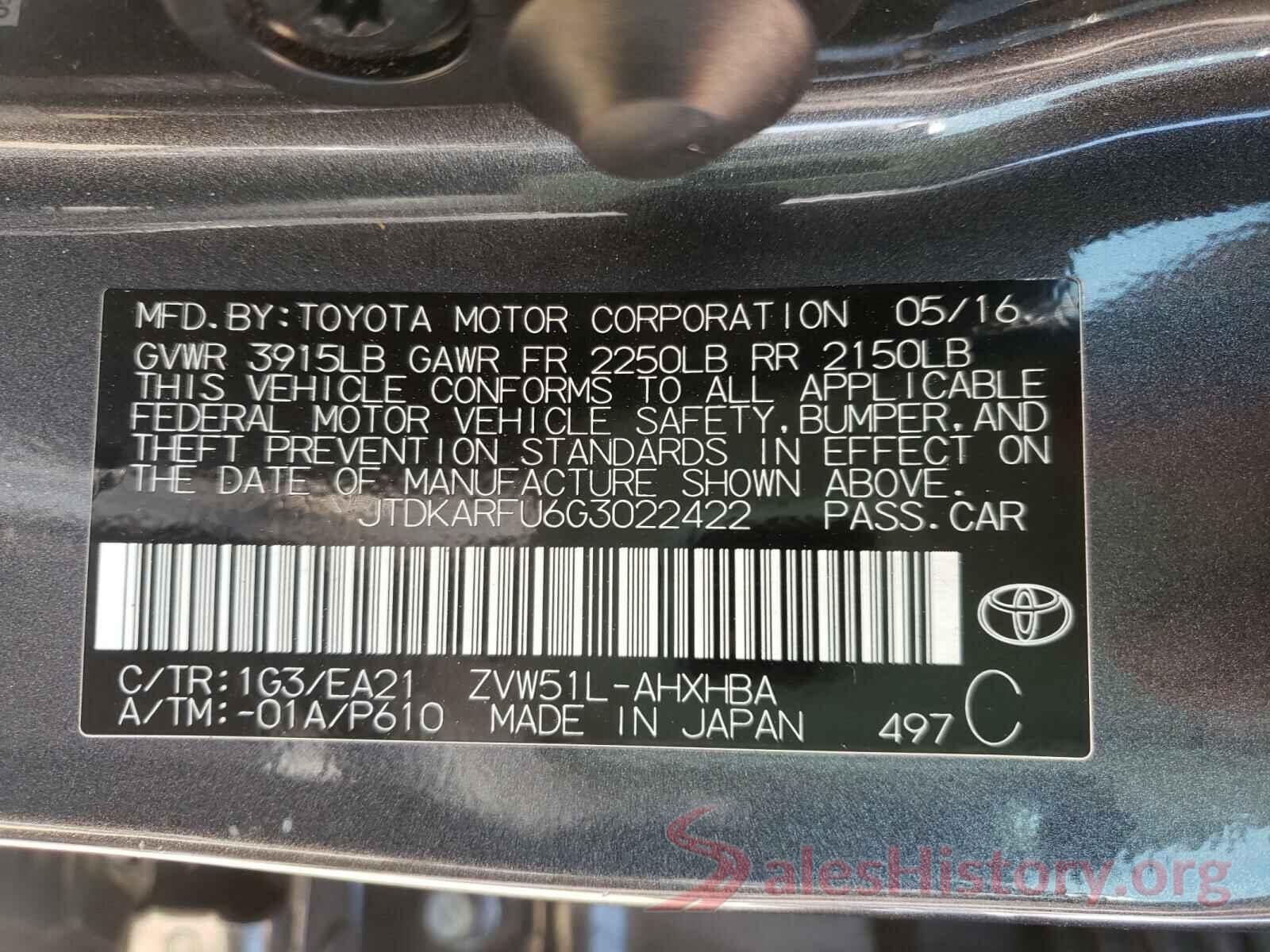 JTDKARFU6G3022422 2016 TOYOTA PRIUS