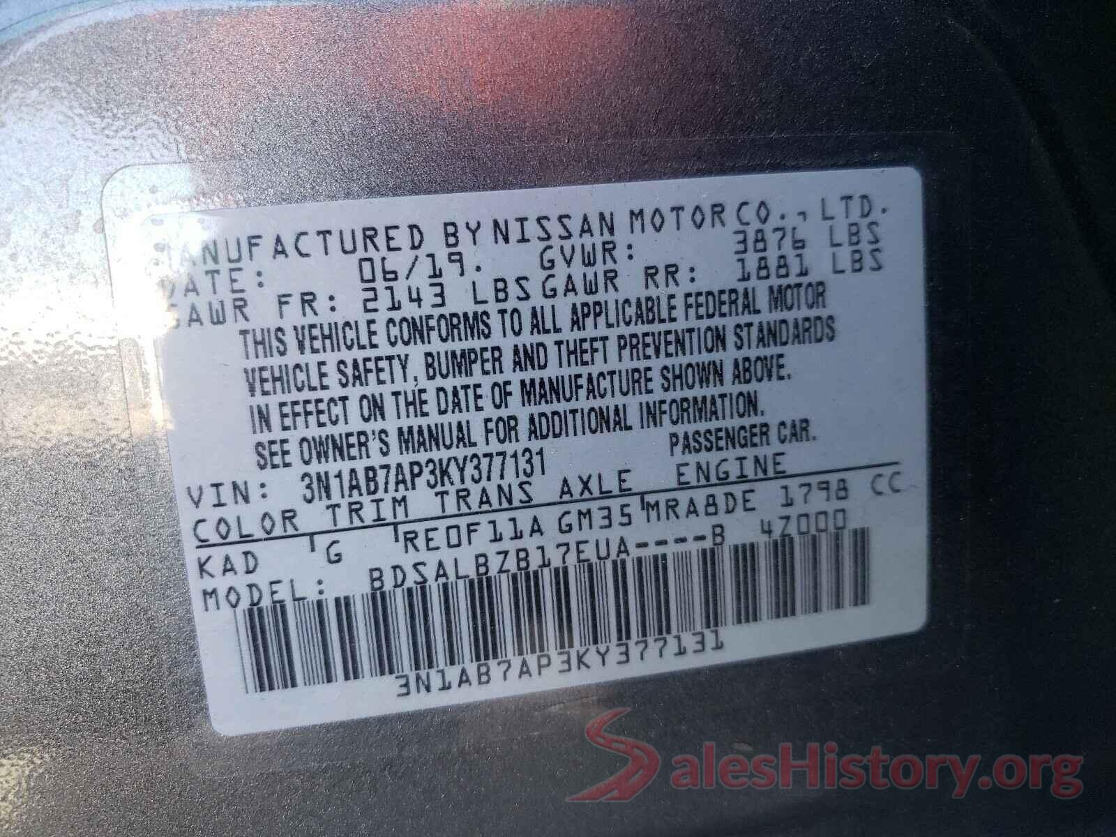 3N1AB7AP3KY377131 2019 NISSAN SENTRA