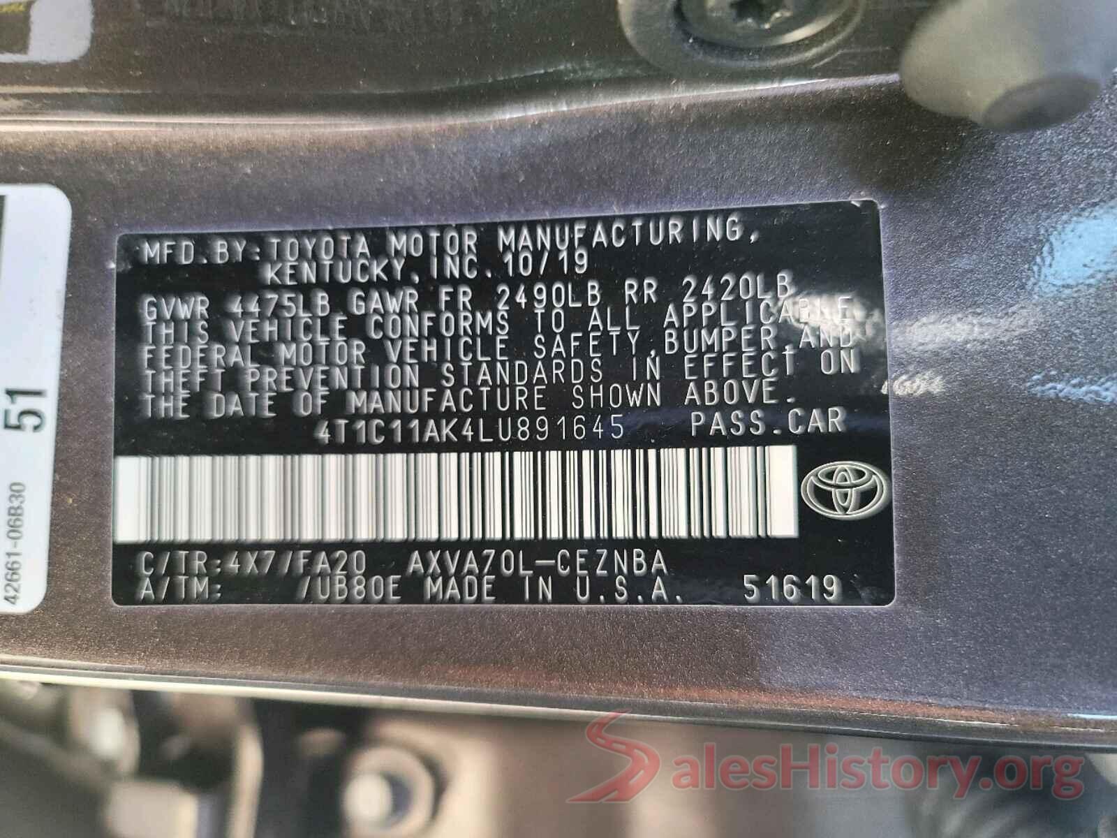 4T1C11AK4LU891645 2020 TOYOTA CAMRY