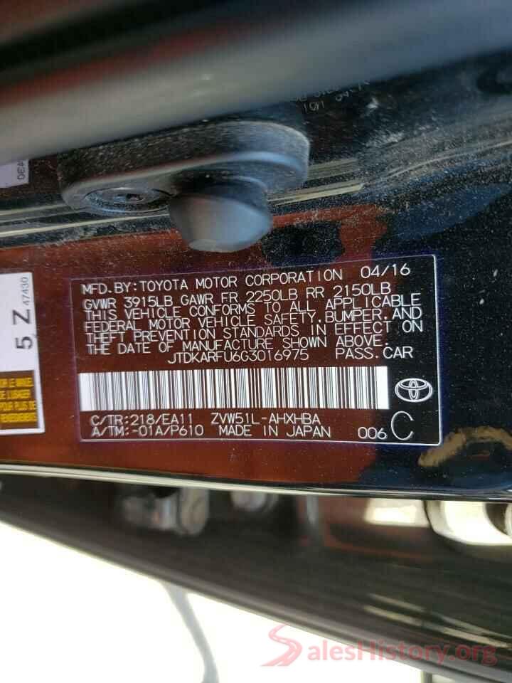 JTDKARFU6G3016975 2016 TOYOTA PRIUS