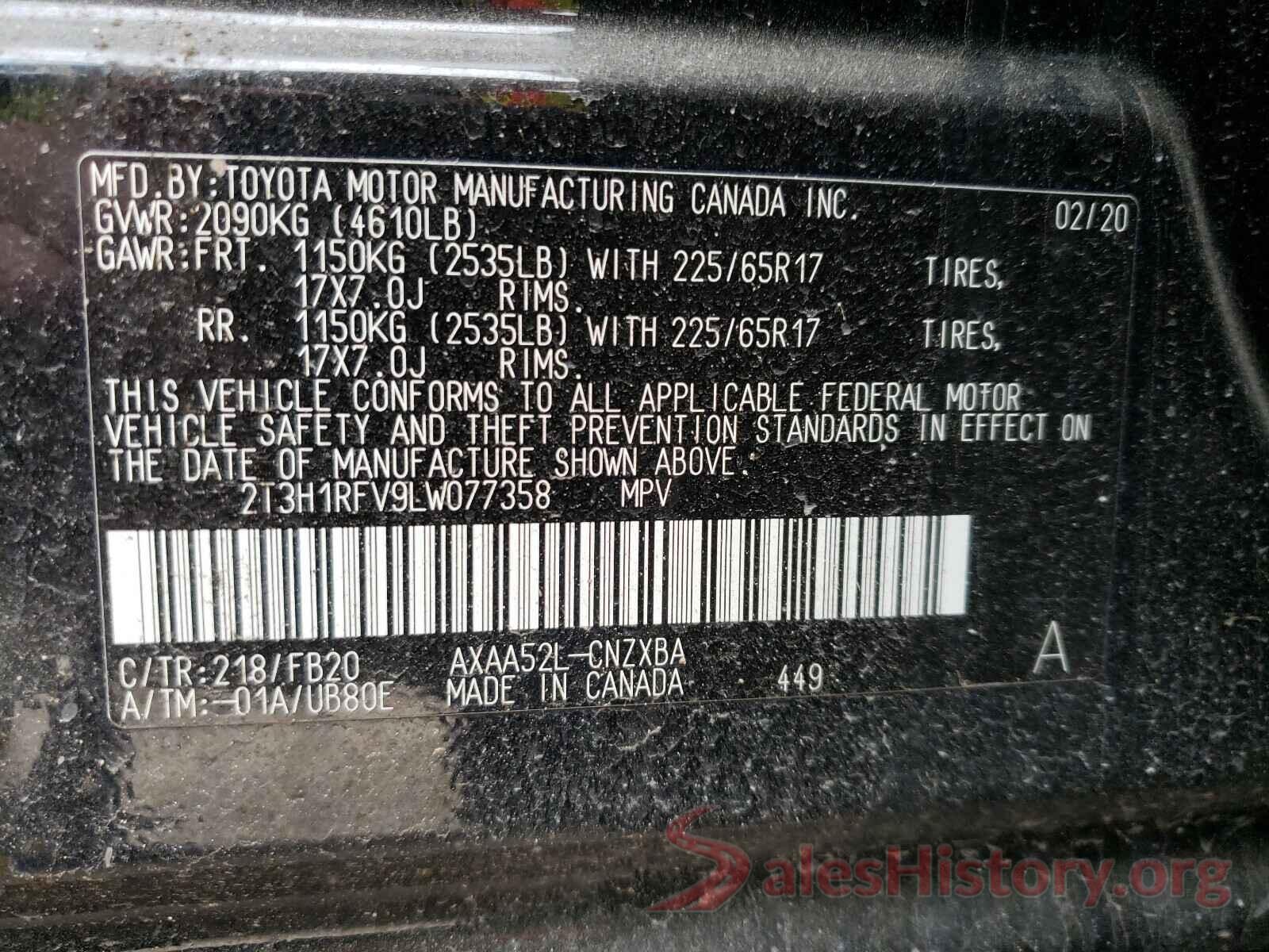 2T3H1RFV9LW077358 2020 TOYOTA RAV4