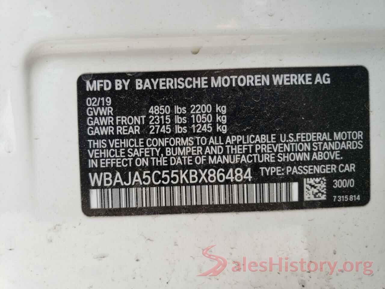 WBAJA5C55KBX86484 2019 BMW 5 SERIES