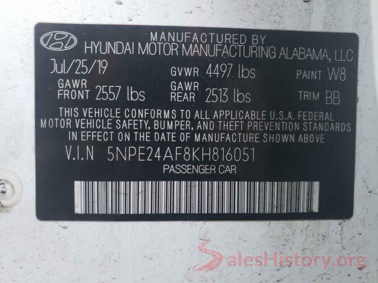 5NPE24AF8KH816051 2019 HYUNDAI SONATA