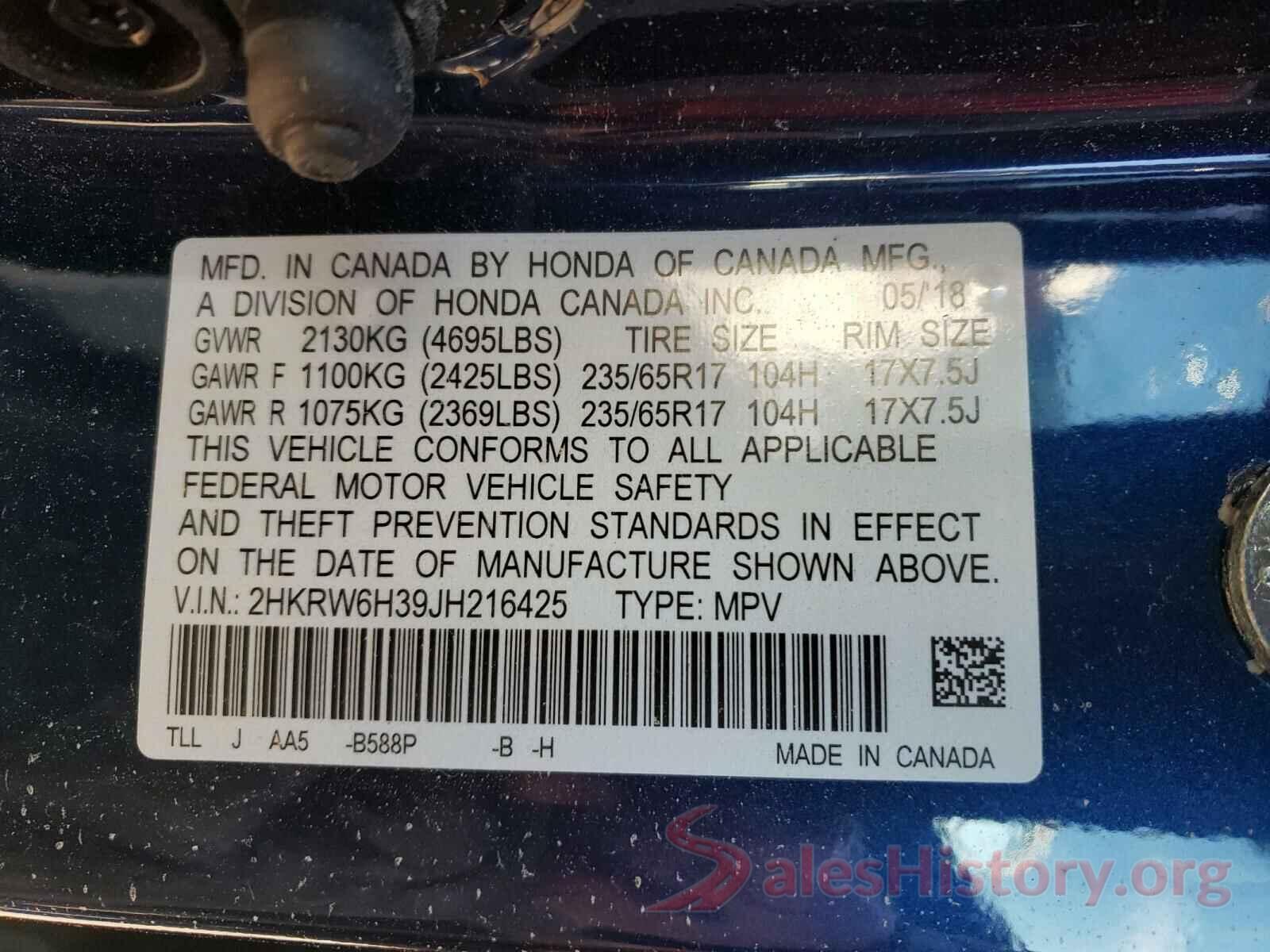 2HKRW6H39JH216425 2018 HONDA CRV