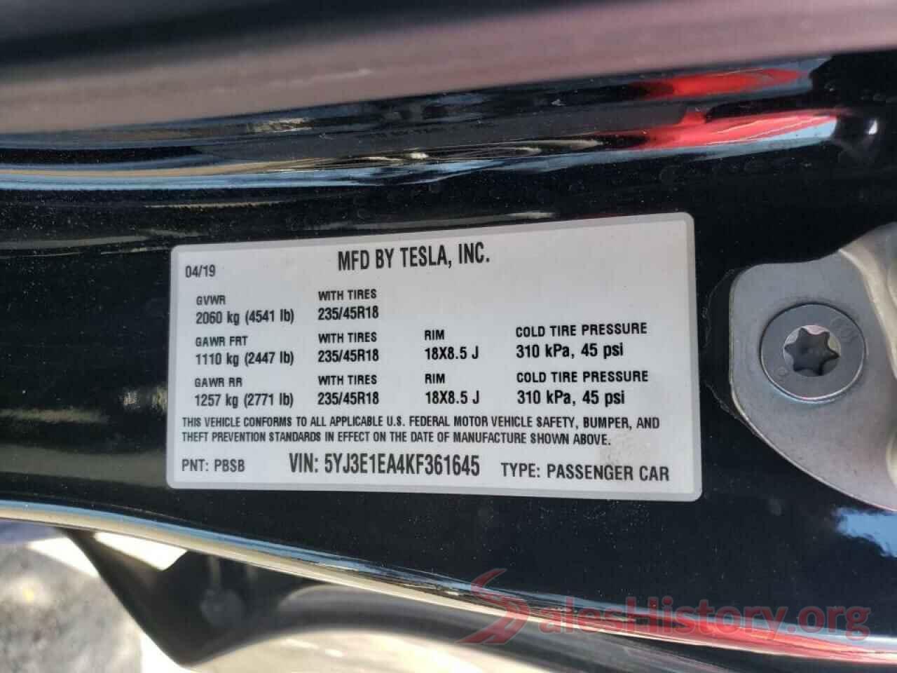 5YJ3E1EA4KF361645 2019 TESLA MODEL 3