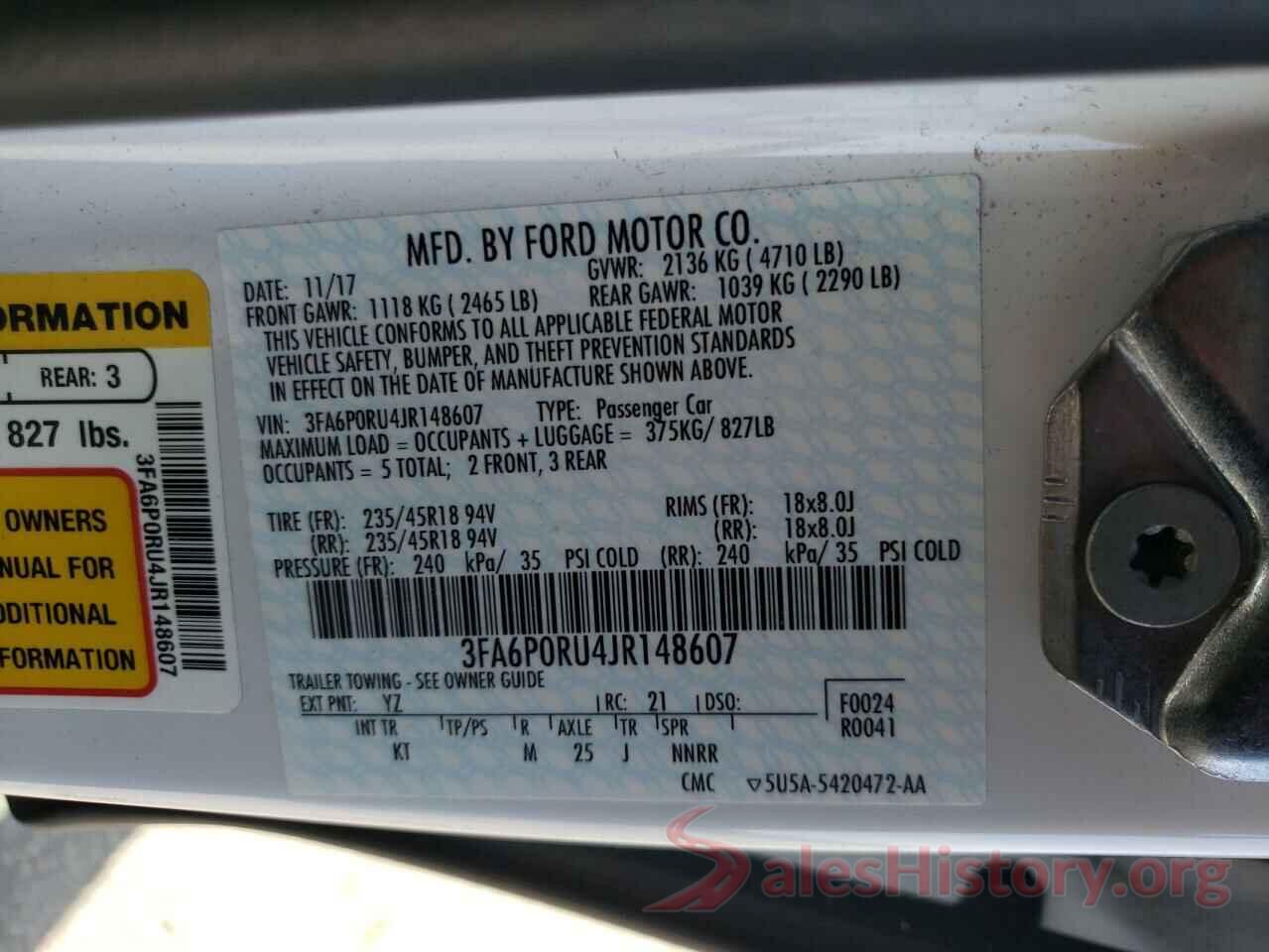 3FA6P0RU4JR148607 2018 FORD FUSION