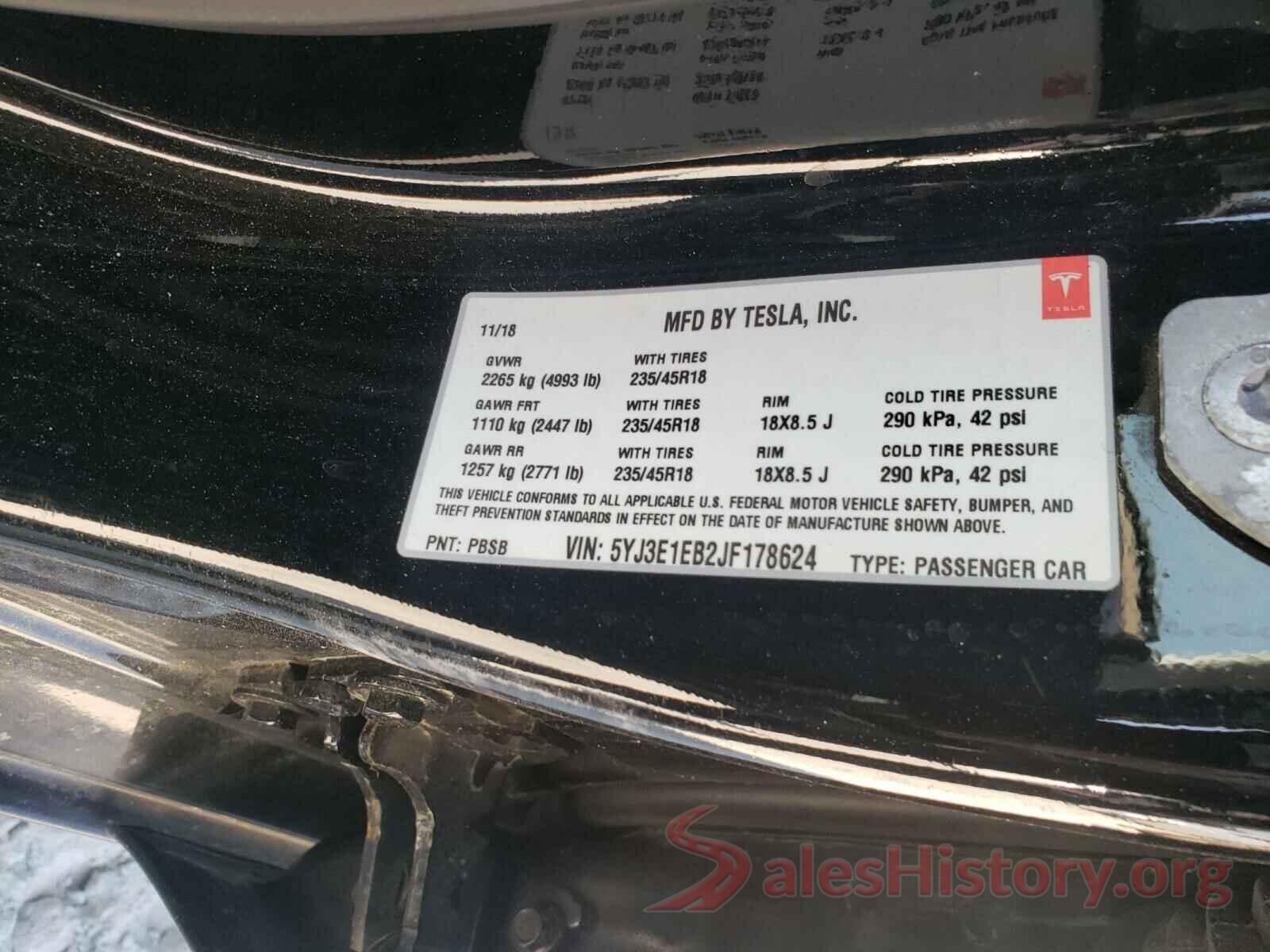 5YJ3E1EB2JF178624 2018 TESLA MODEL 3