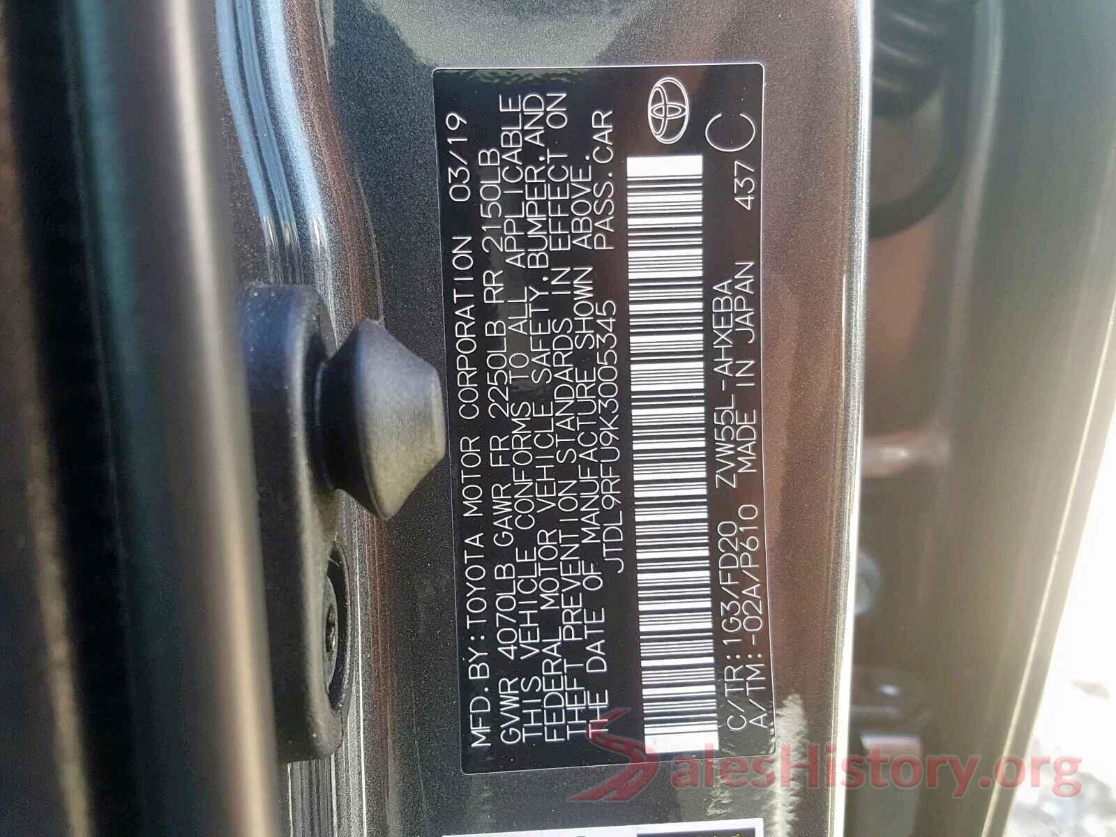 JTDL9RFU9K3005345 2019 TOYOTA PRIUS