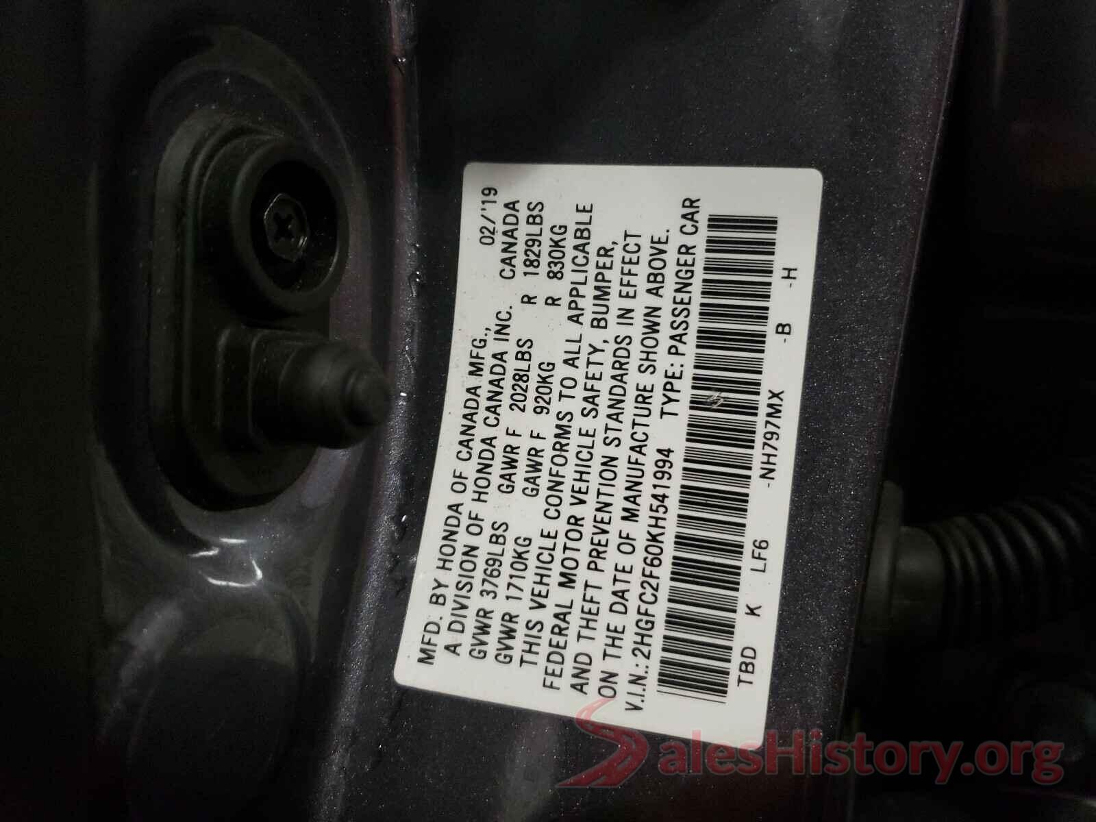 2HGFC2F60KH541994 2019 HONDA CIVIC