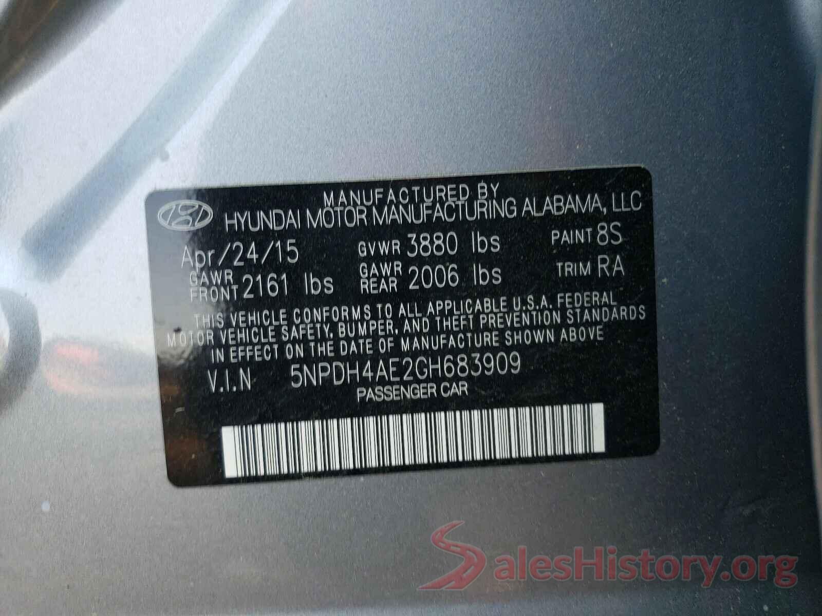 5NPDH4AE2GH683909 2016 HYUNDAI ELANTRA