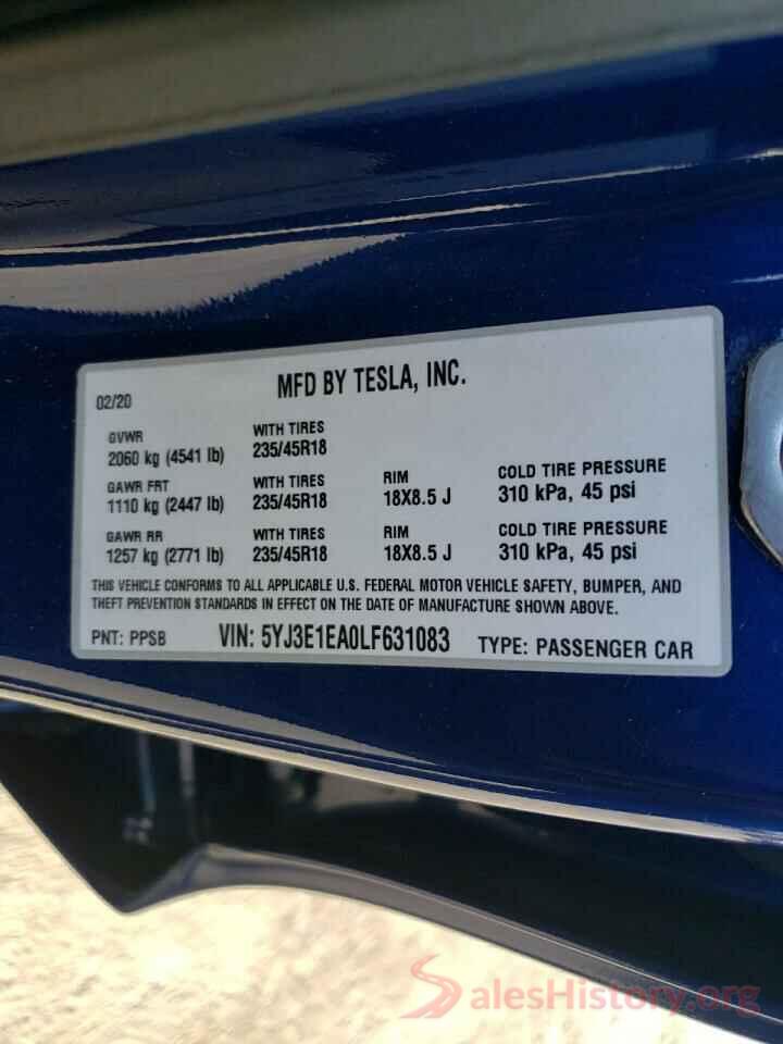 5YJ3E1EA0LF631083 2020 TESLA MODEL 3