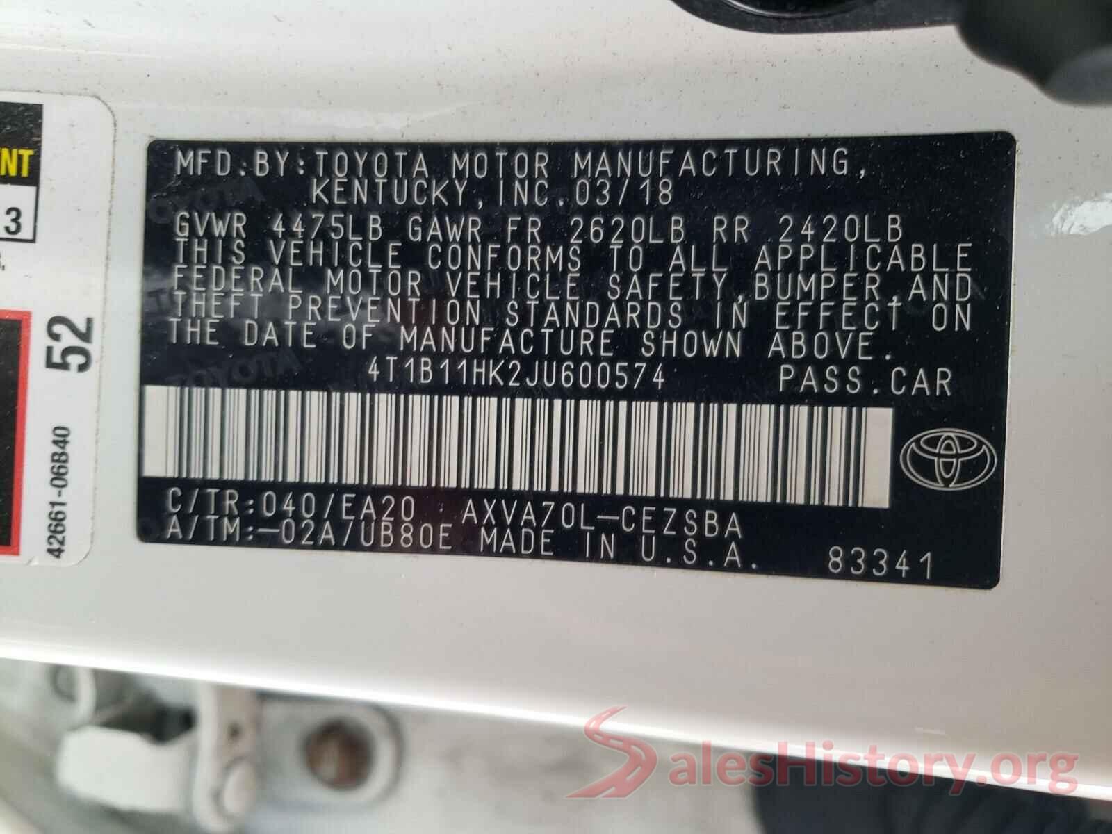 4T1B11HK2JU600574 2018 TOYOTA CAMRY