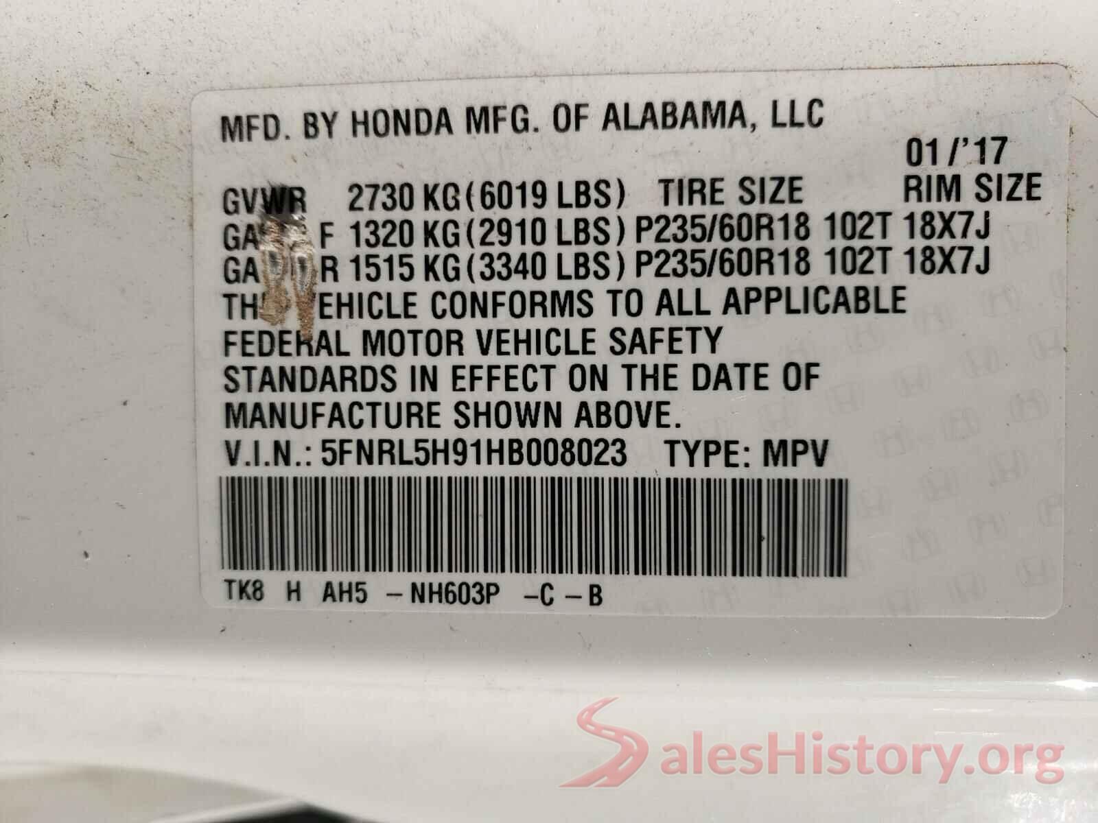 5FNRL5H91HB008023 2017 HONDA ODYSSEY