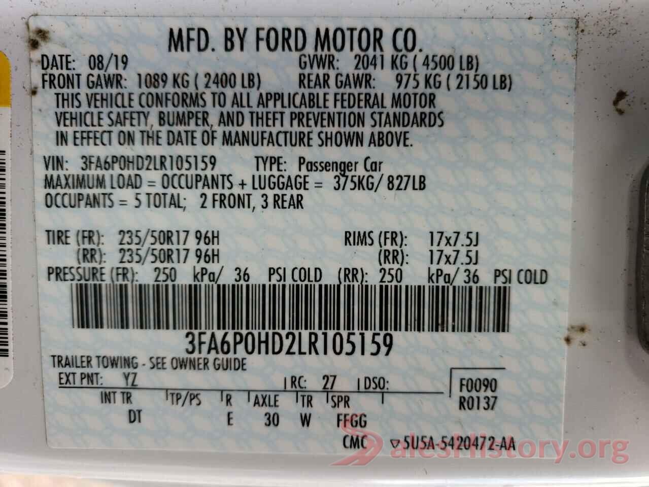 3FA6P0HD2LR105159 2020 FORD FUSION