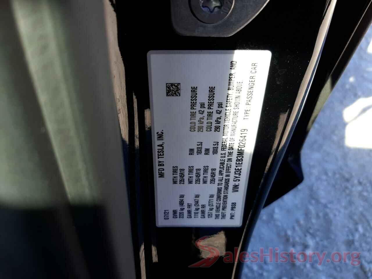 5YJ3E1EB3MF026419 2021 TESLA MODEL 3