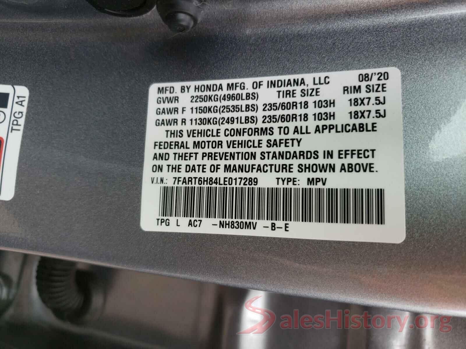 7FART6H84LE017289 2020 HONDA CRV