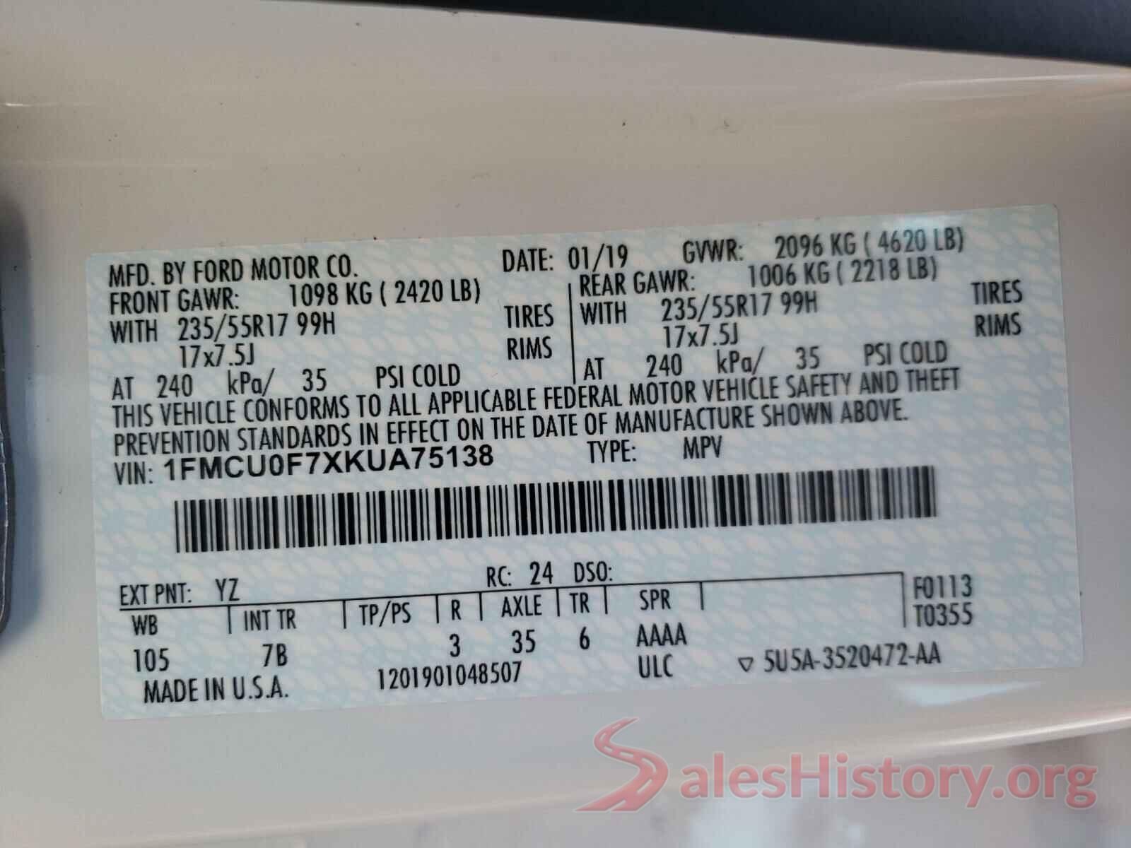 1FMCU0F7XKUA75138 2019 FORD ESCAPE