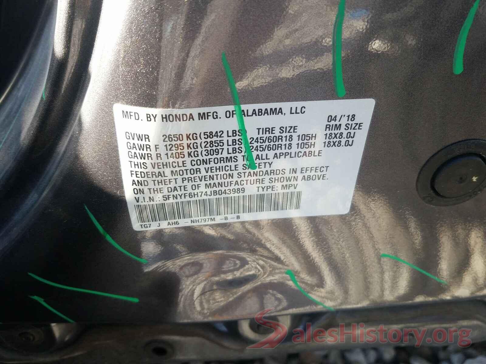 5FNYF6H74JB043989 2018 HONDA PILOT