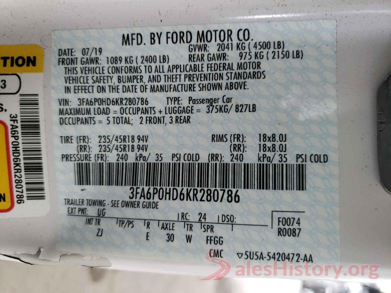 3FA6P0HD6KR280786 2019 FORD FUSION