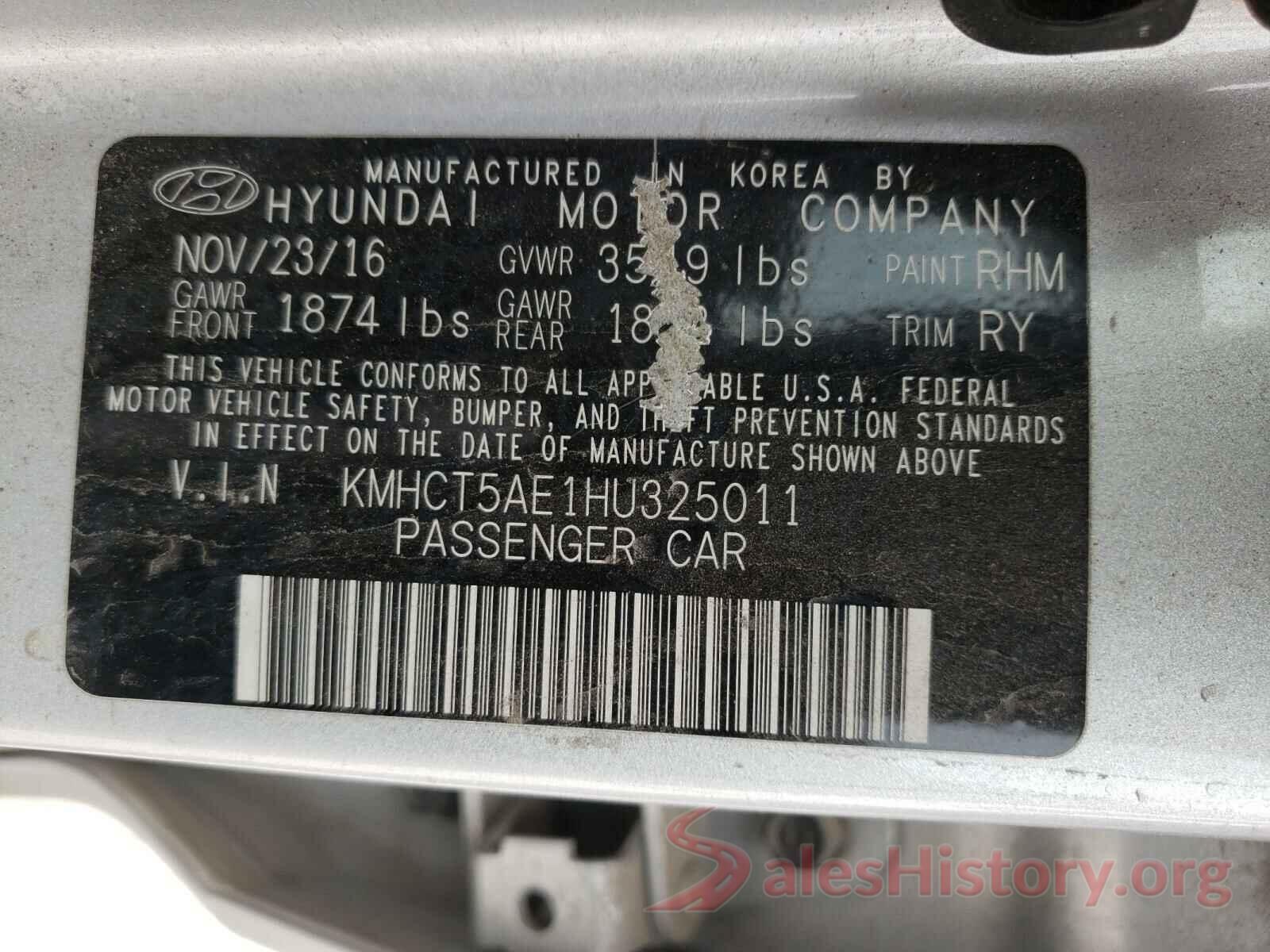 KMHCT5AE1HU325011 2017 HYUNDAI ACCENT