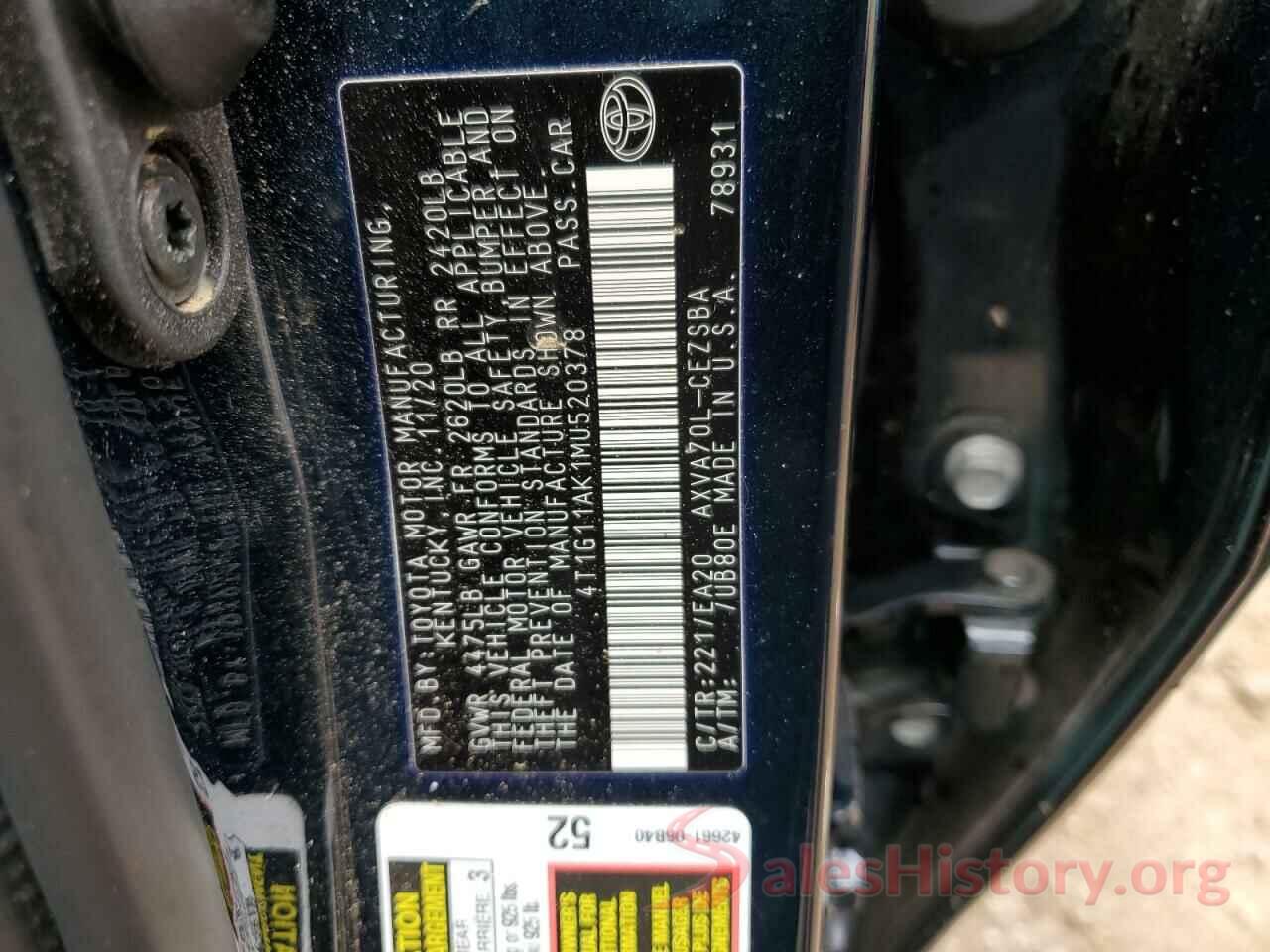 4T1G11AK1MU520378 2021 TOYOTA CAMRY