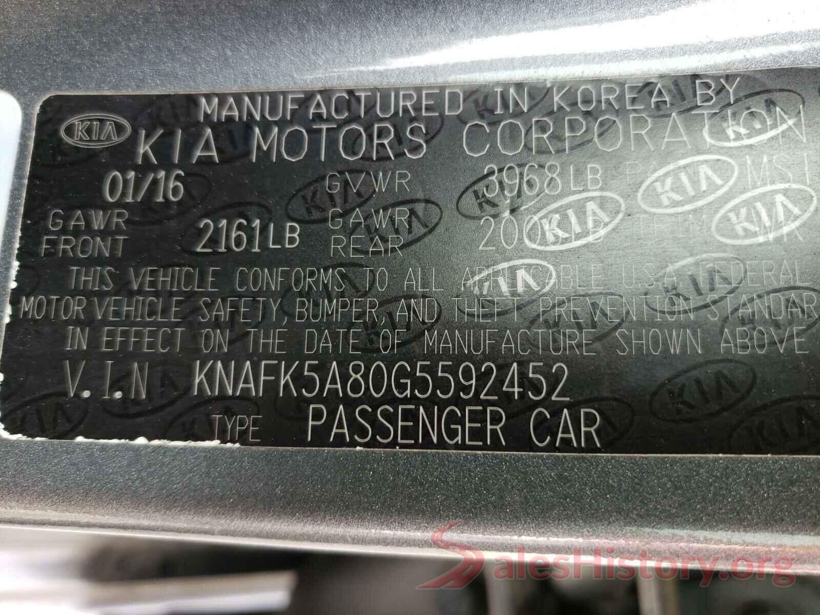 KNAFK5A80G5592452 2016 KIA FORTE