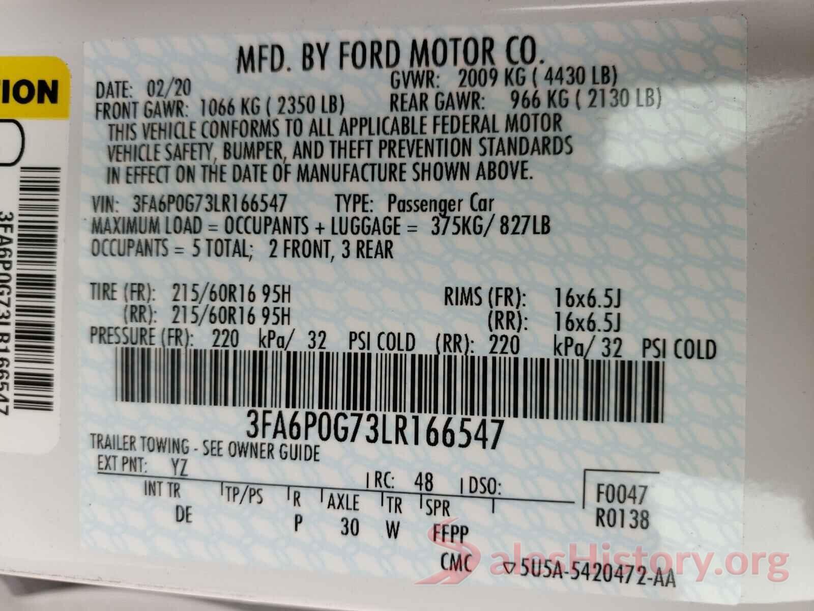 3FA6P0G73LR166547 2020 FORD FUSION