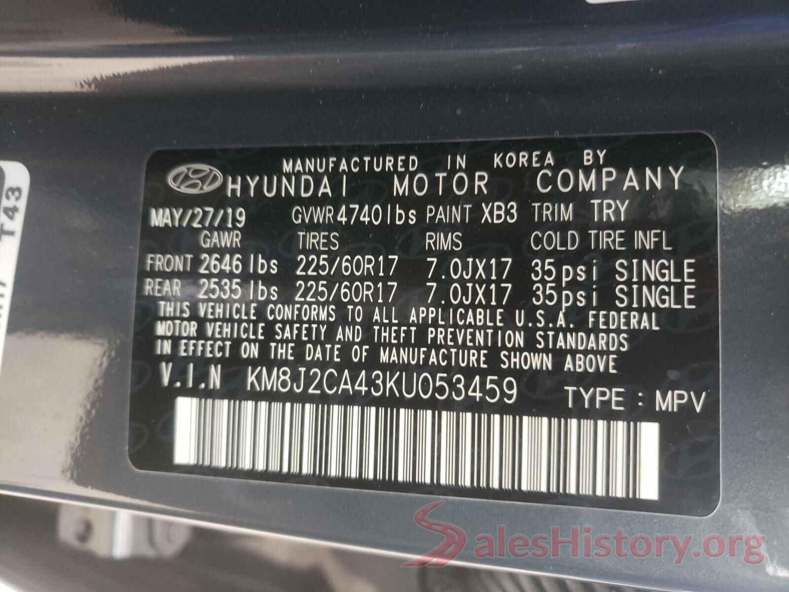 KM8J2CA43KU053459 2019 HYUNDAI TUCSON