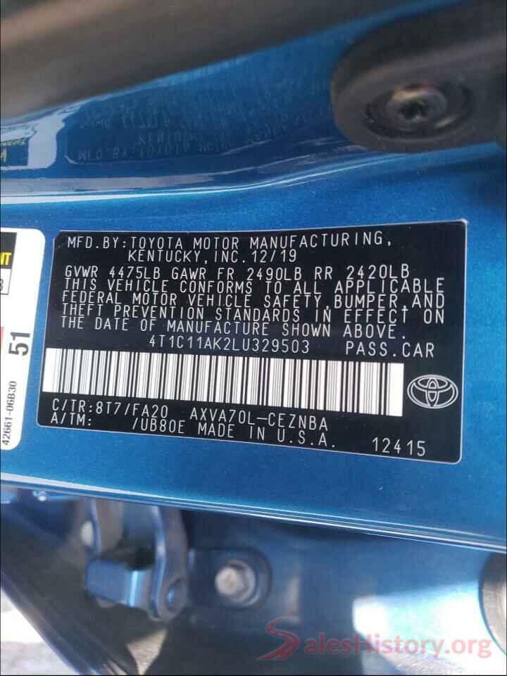 4T1C11AK2LU329503 2020 TOYOTA CAMRY