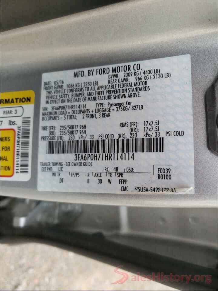 3FA6P0H71HR114114 2017 FORD FUSION