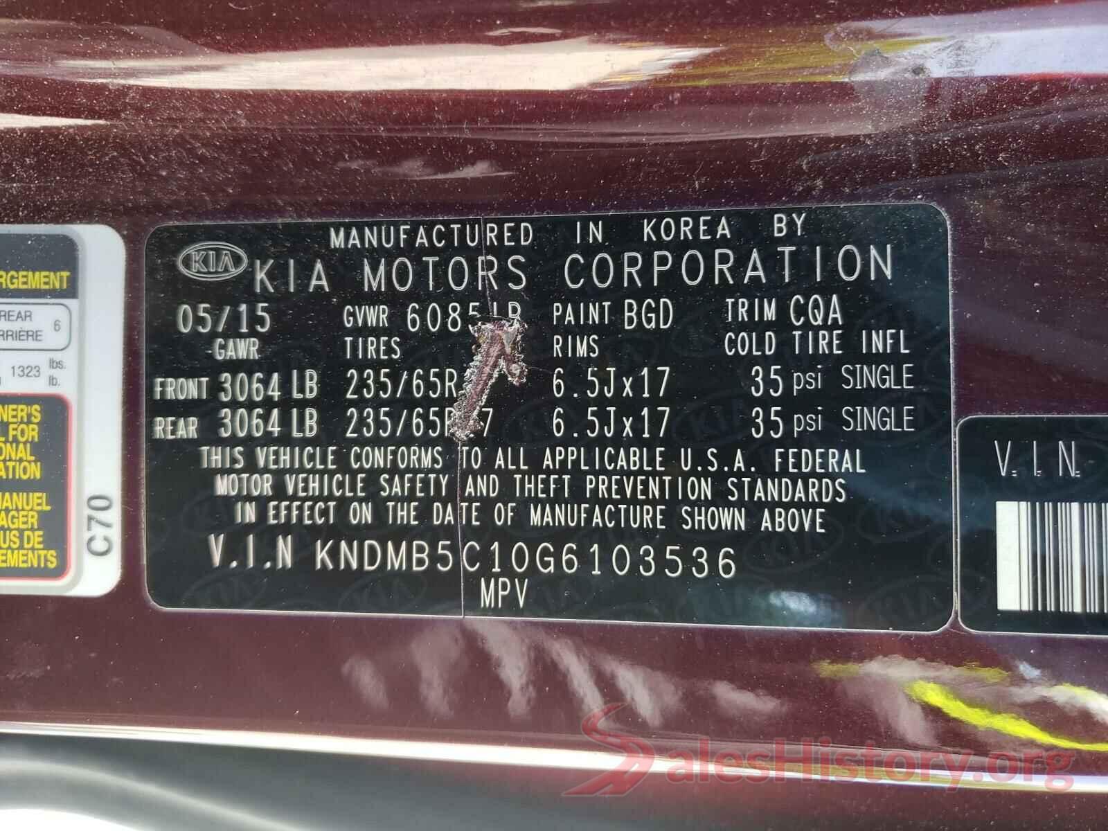 KNDMB5C10G6103536 2016 KIA SEDONA