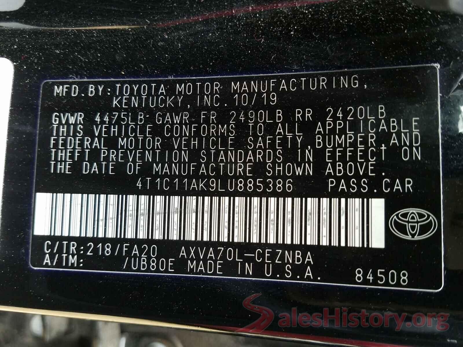 4T1C11AK9LU885386 2020 TOYOTA CAMRY