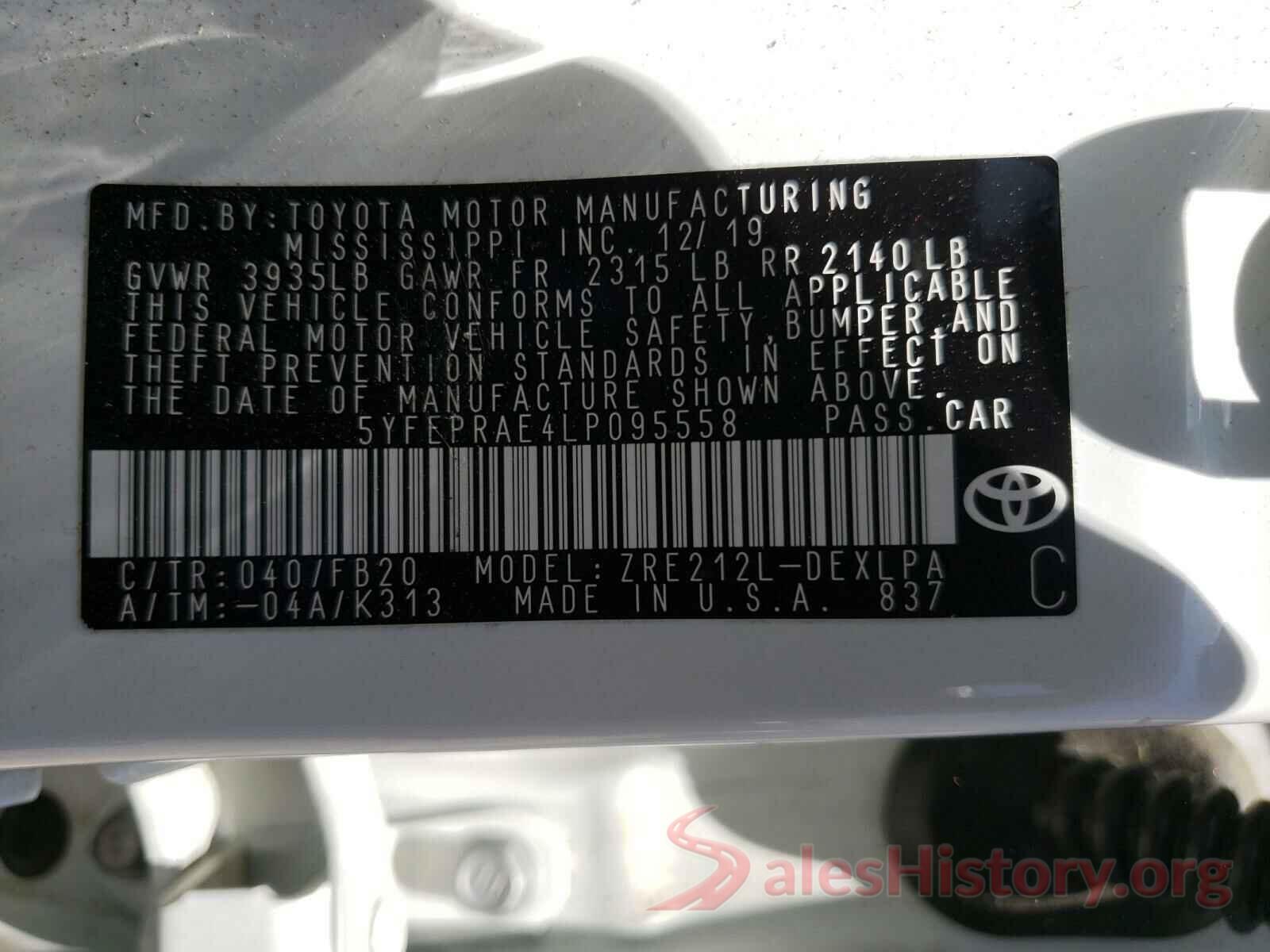 5YFEPRAE4LP095558 2020 TOYOTA COROLLA