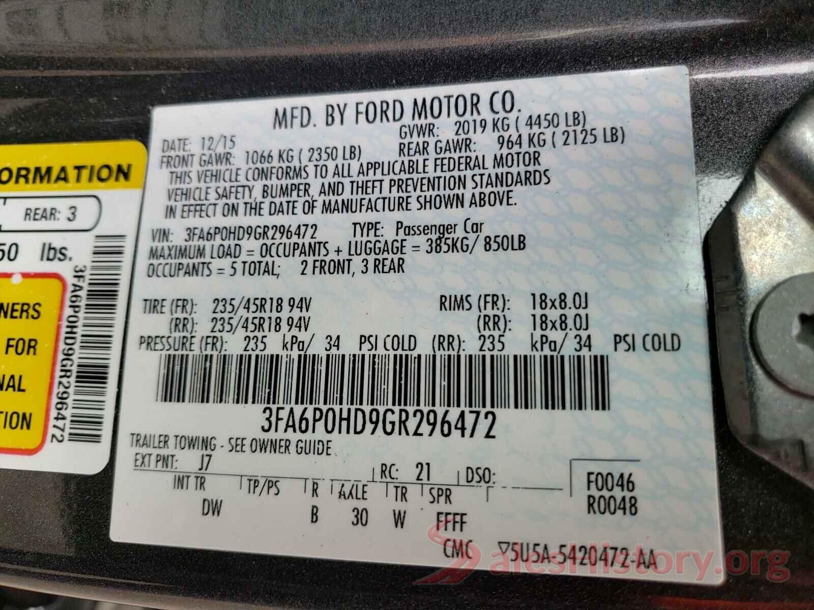 3FA6P0HD9GR296472 2016 FORD FUSION