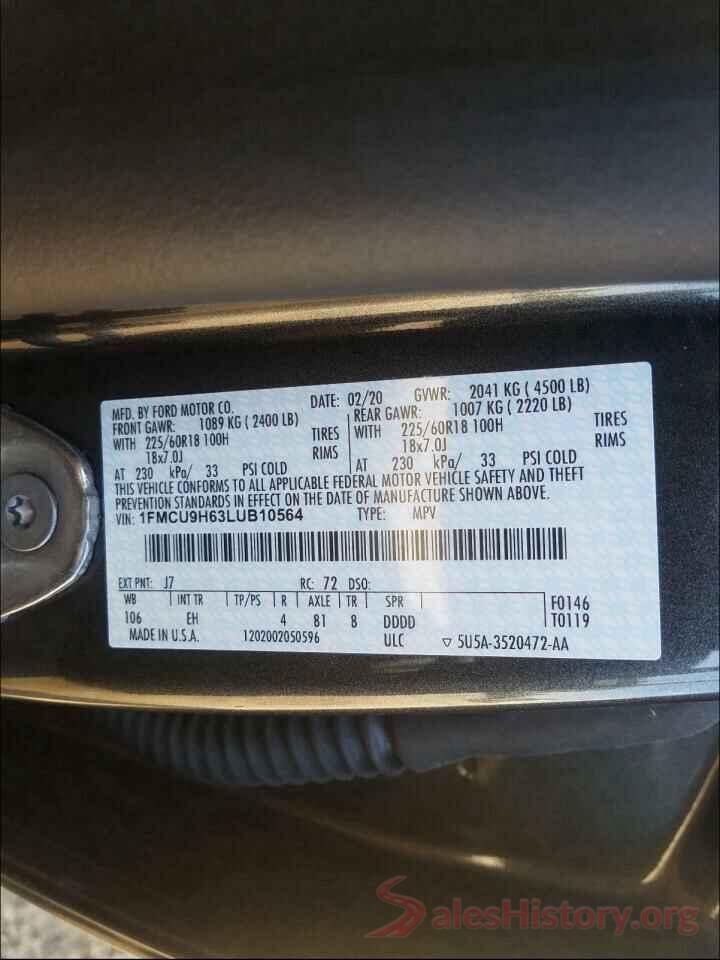 1FMCU9H63LUB10564 2020 FORD ESCAPE