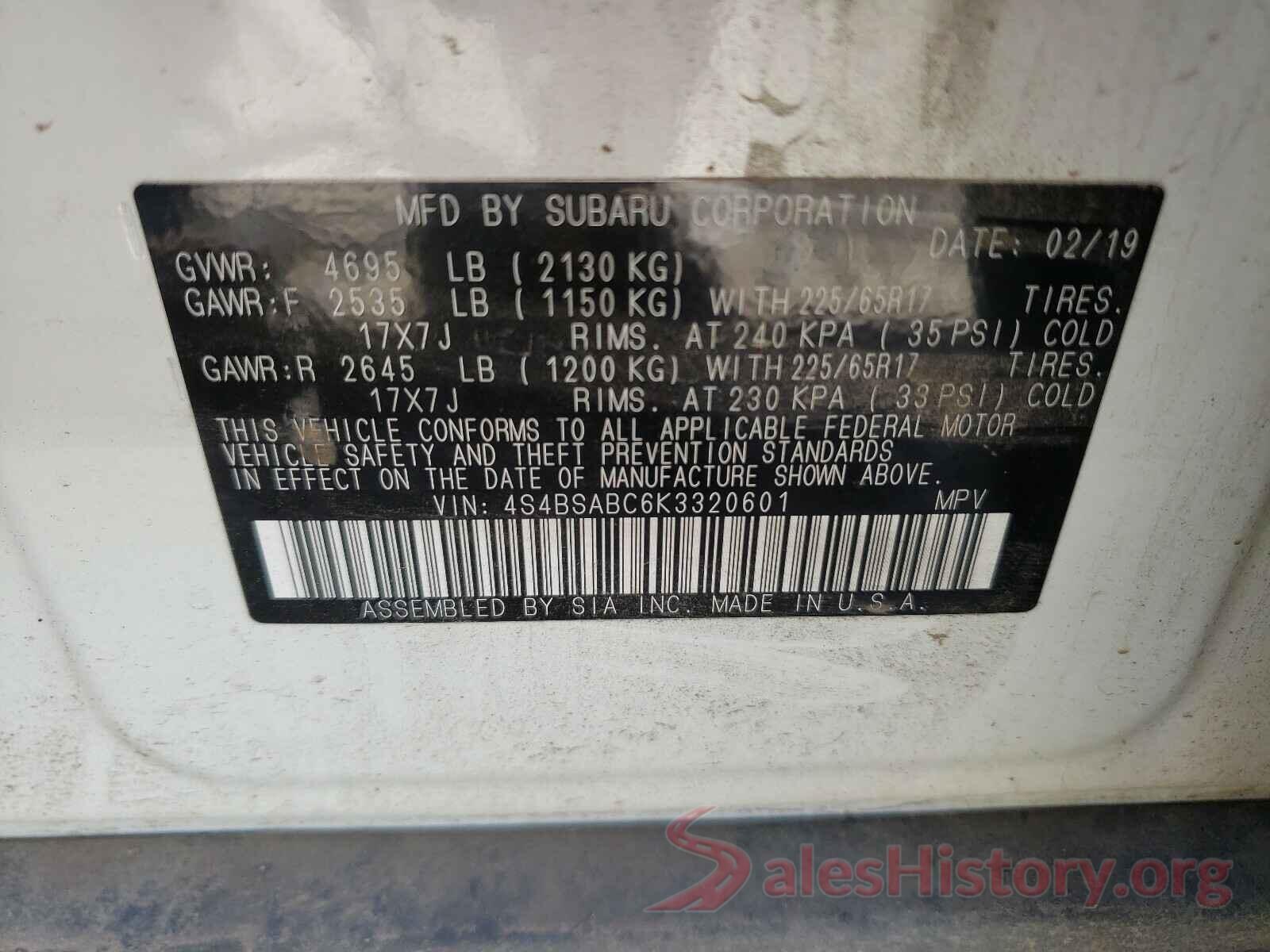 4S4BSABC6K3320601 2019 SUBARU OUTBACK