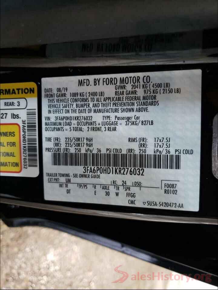 3FA6P0HD1KR276032 2019 FORD FUSION