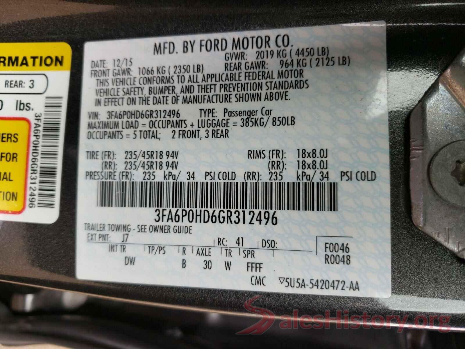 3FA6P0HD6GR312496 2016 FORD FUSION