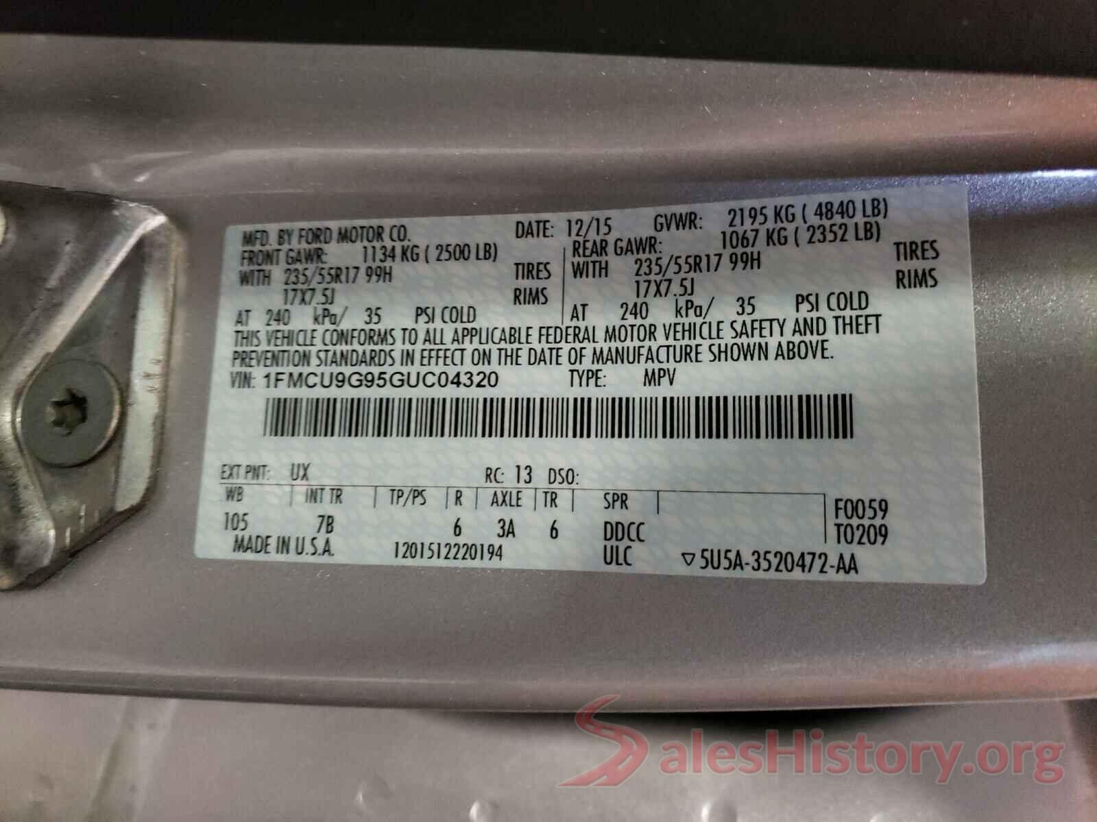 1FMCU9G95GUC04320 2016 FORD ESCAPE