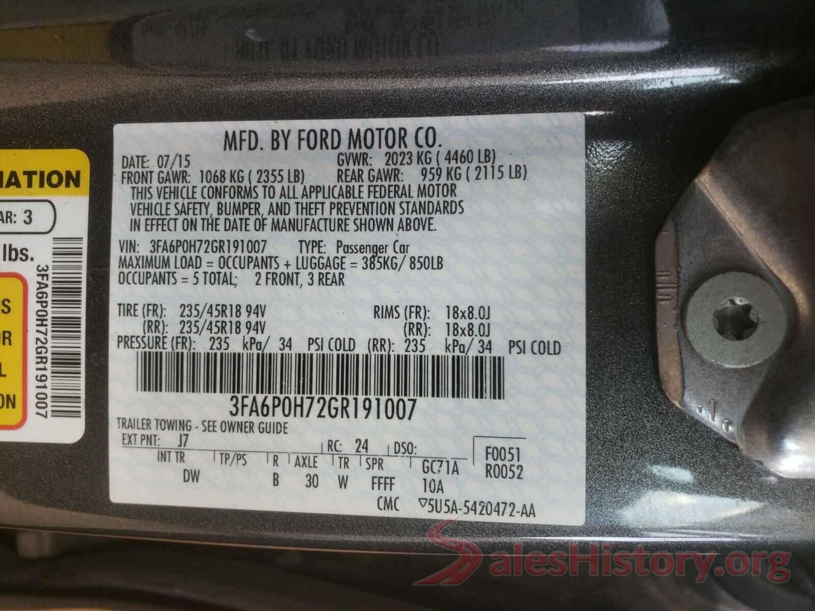 3FA6P0H72GR191007 2016 FORD FUSION